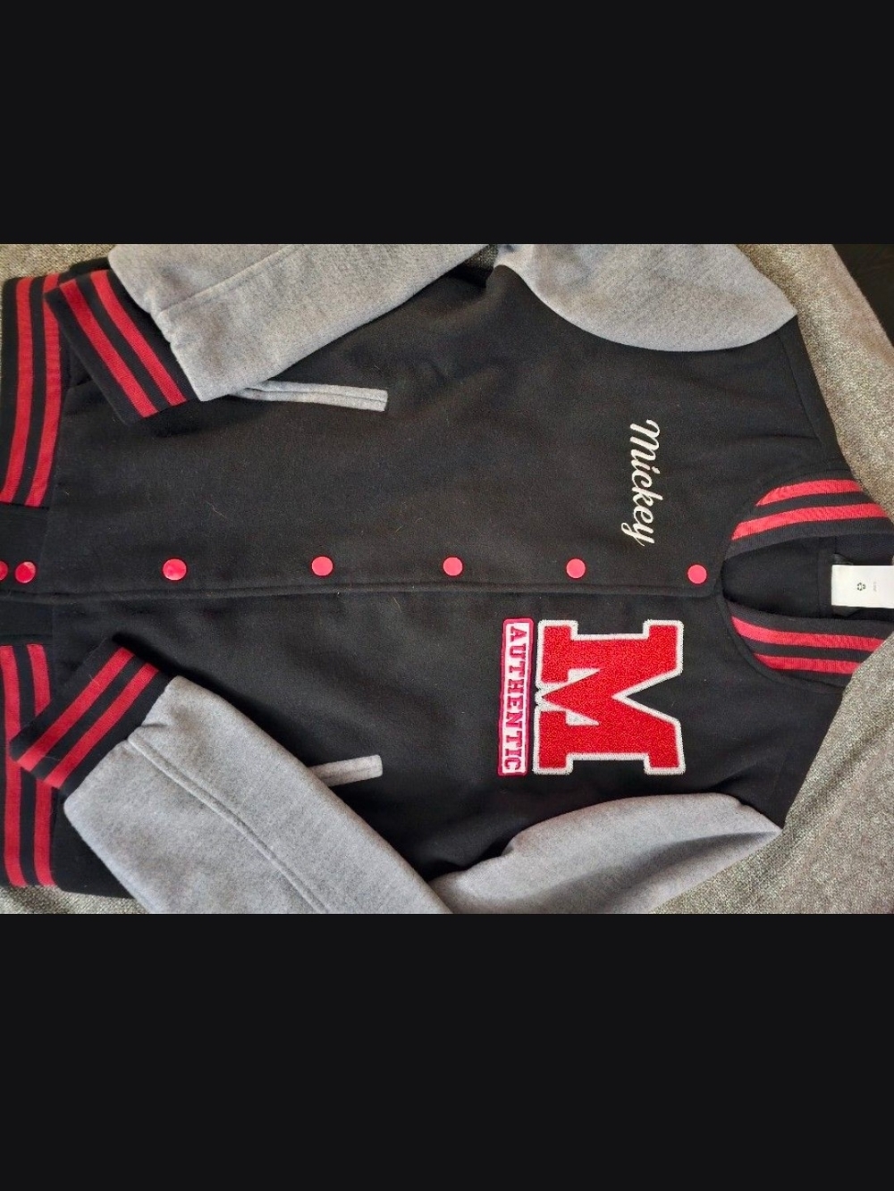 Women's Black & Gray Varsity Letterman Jacket with Red Accents- Size Small